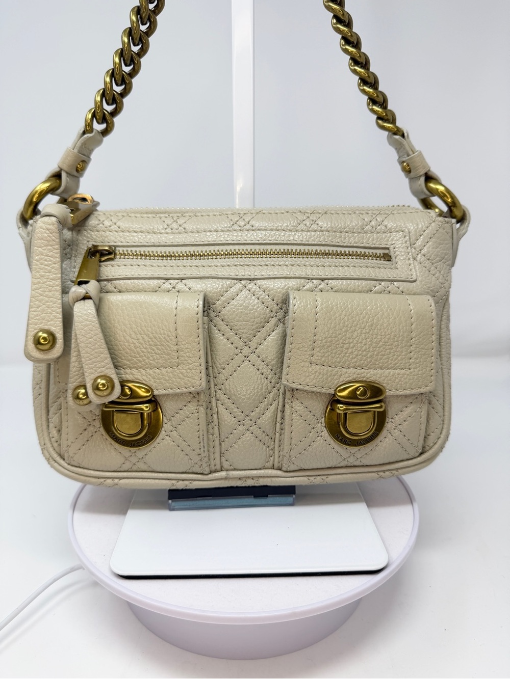 Marc Jacobs Quilted Cammie Bag Vintage Ivory with a maroon suede interior